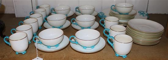 Victorian Minton part tea and coffee service, white and gilt with turquoise knotted rope handles & feet (37, one cup a.f.)